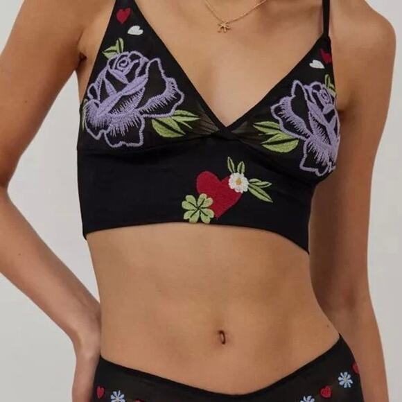 NEW Only Hearts M Bralette Black Mesh Aloha Honolulu Embroidered Crop Cami Roses - Picture 5 of 9